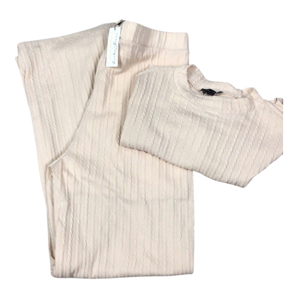 NWT Hunter & Brown Cable-Knit Lounge Set Cream Large Cropped Top Wide Leg Pants